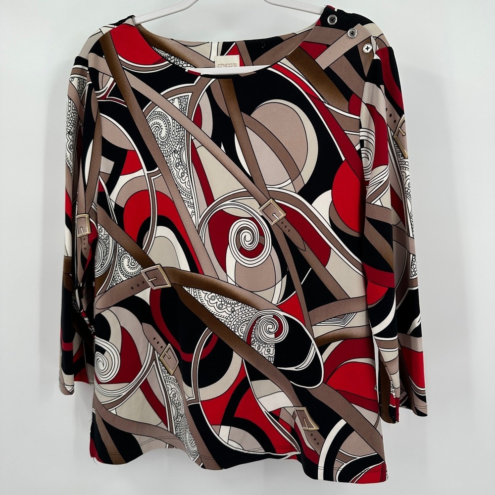 Chicos Women Equestrian Belt Print Top Size 2 US L Geometric Bold Office Chic